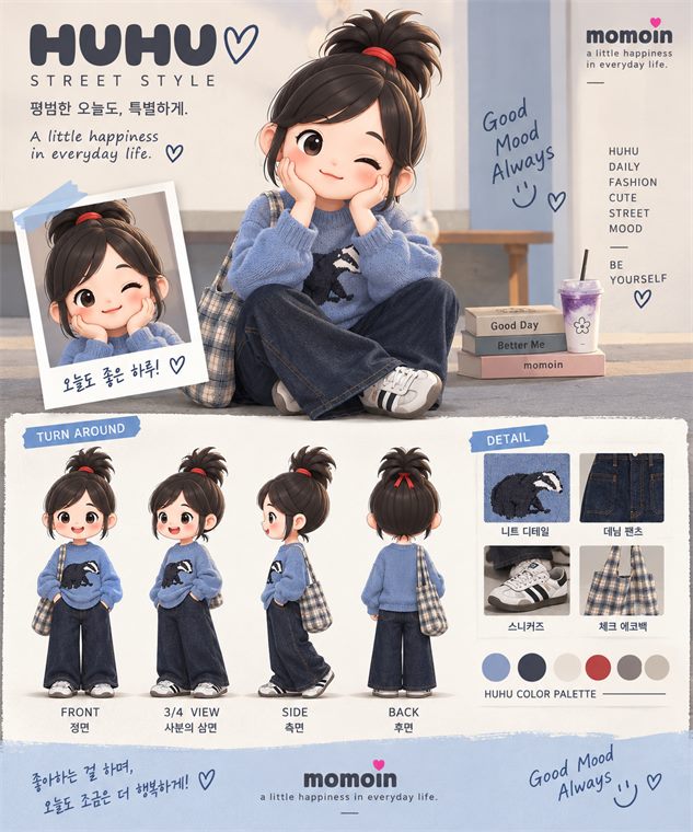 03 블루 니트 · 와이드 데님